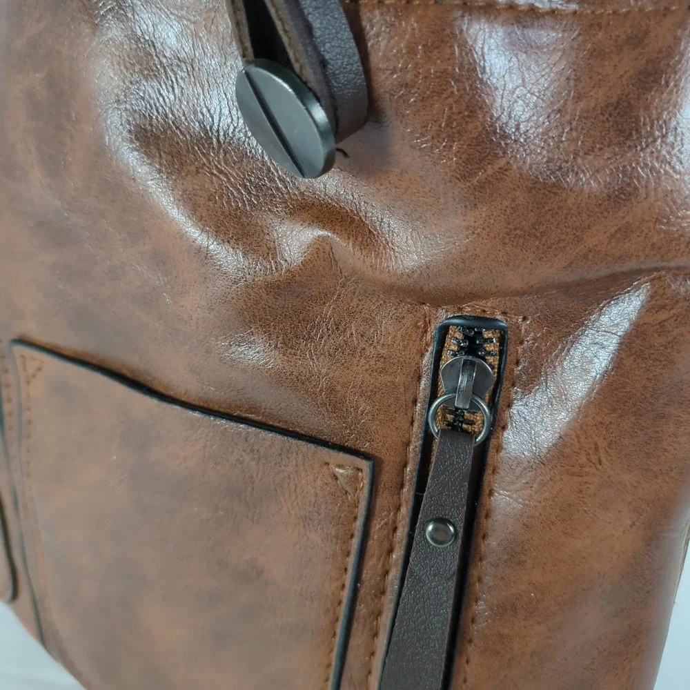 Brown Soft Vegan Leather‎ Satchel Handbag Multi-Pocket Organizer Purse  NEW